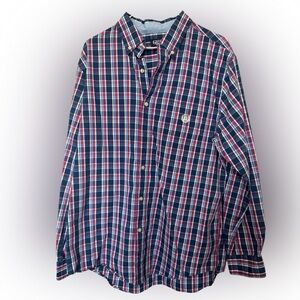 Chaps Men's Plaid Shirt - Navy and Pink